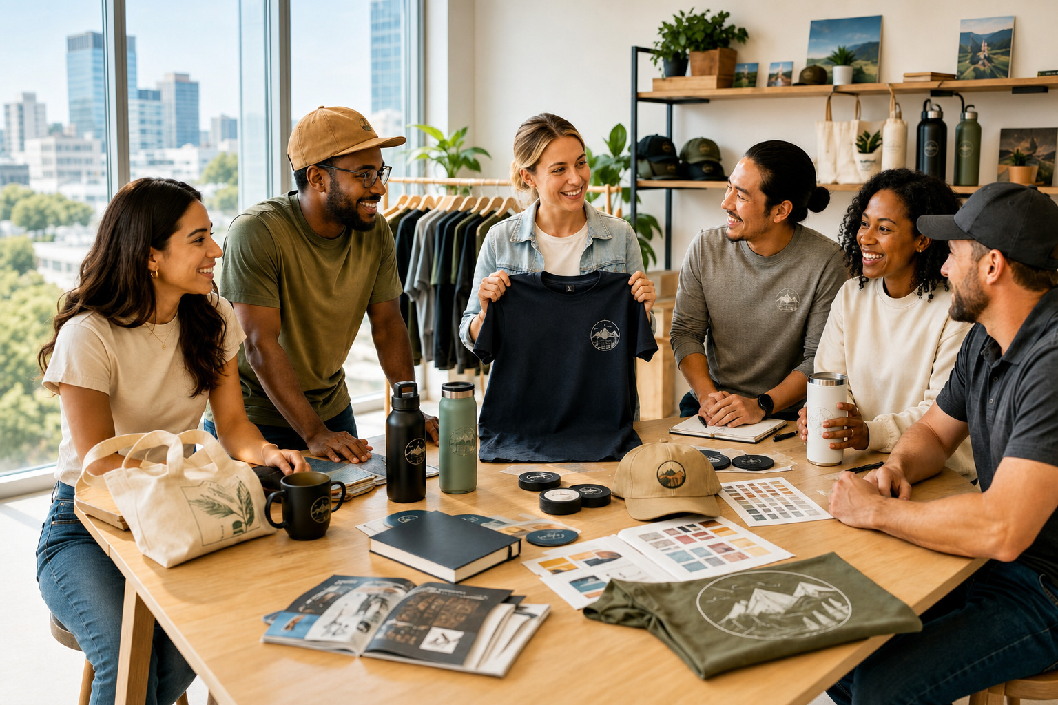 A team reviewing custom apparel, drinkware, and gifts together in a bright studio