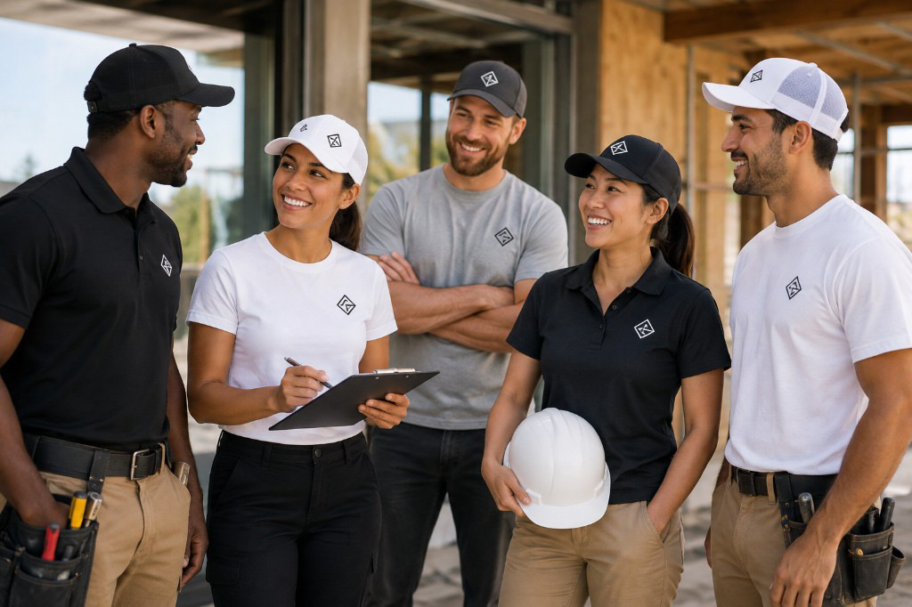 A professional team in coordinated custom apparel on a job site